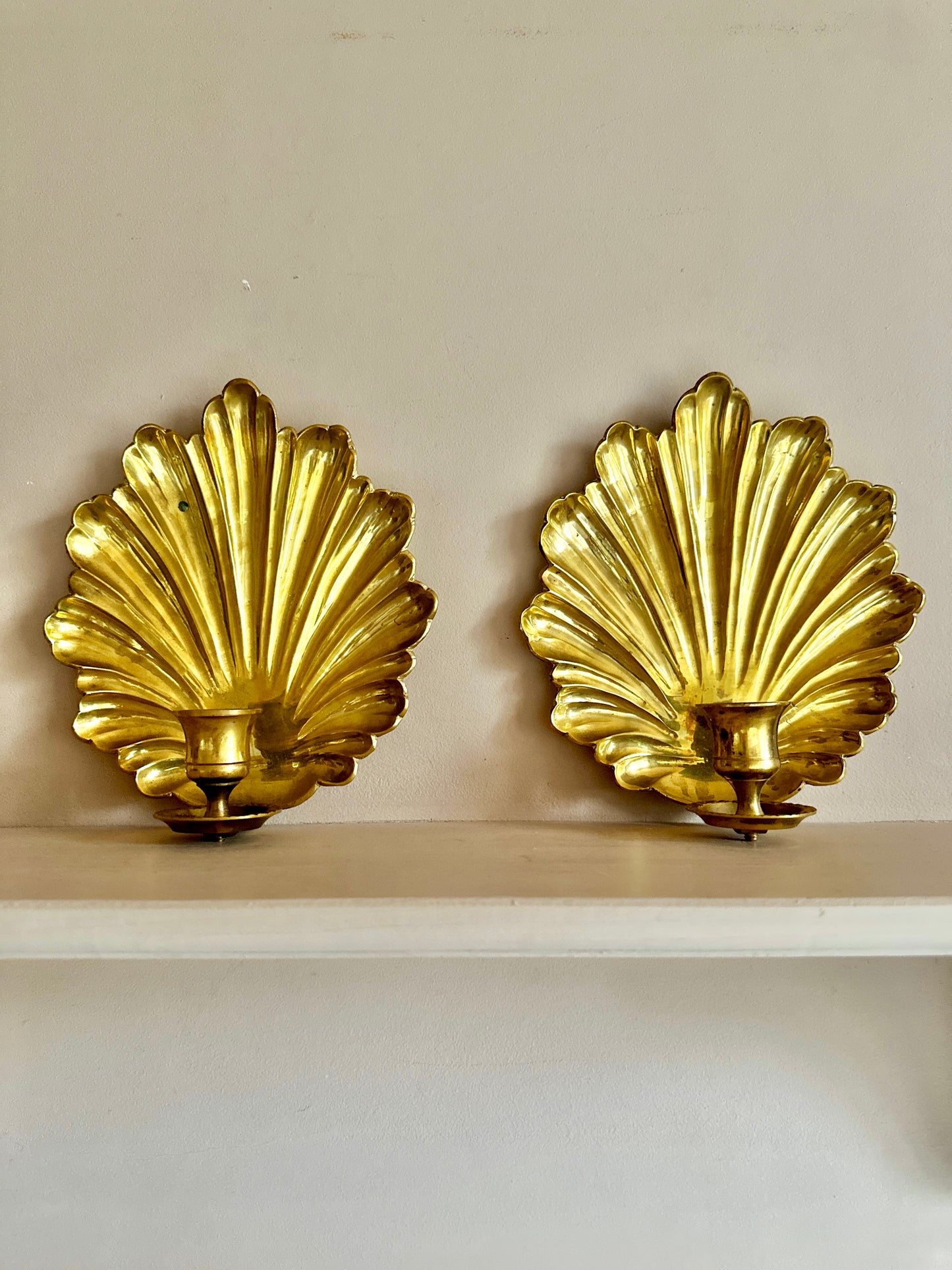 1970s Brass Hollywood Regency Shell Candleholders