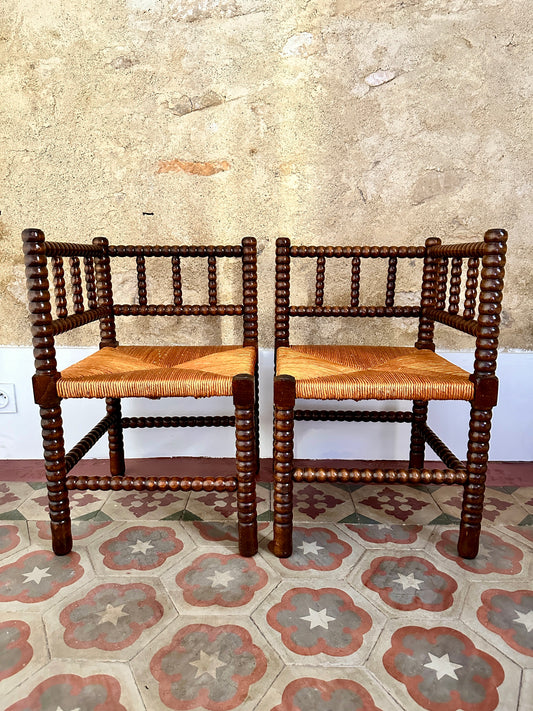 Pair of 1940s French Bobbin Corner Chairs