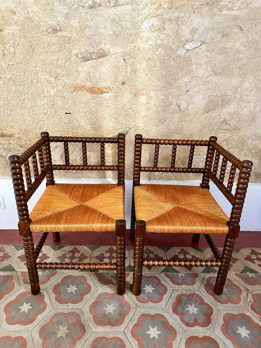 Pair of 1940s French Bobbin Corner Chairs