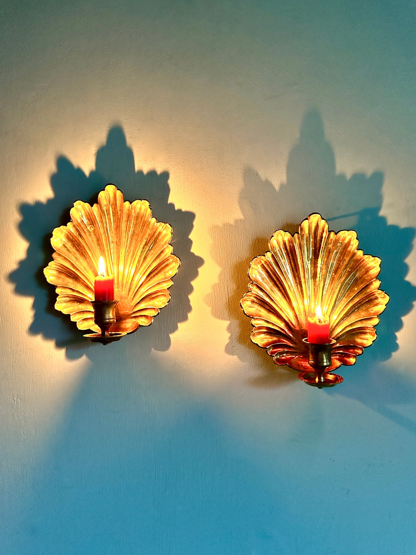 1970s Brass Hollywood Regency Shell Candleholders