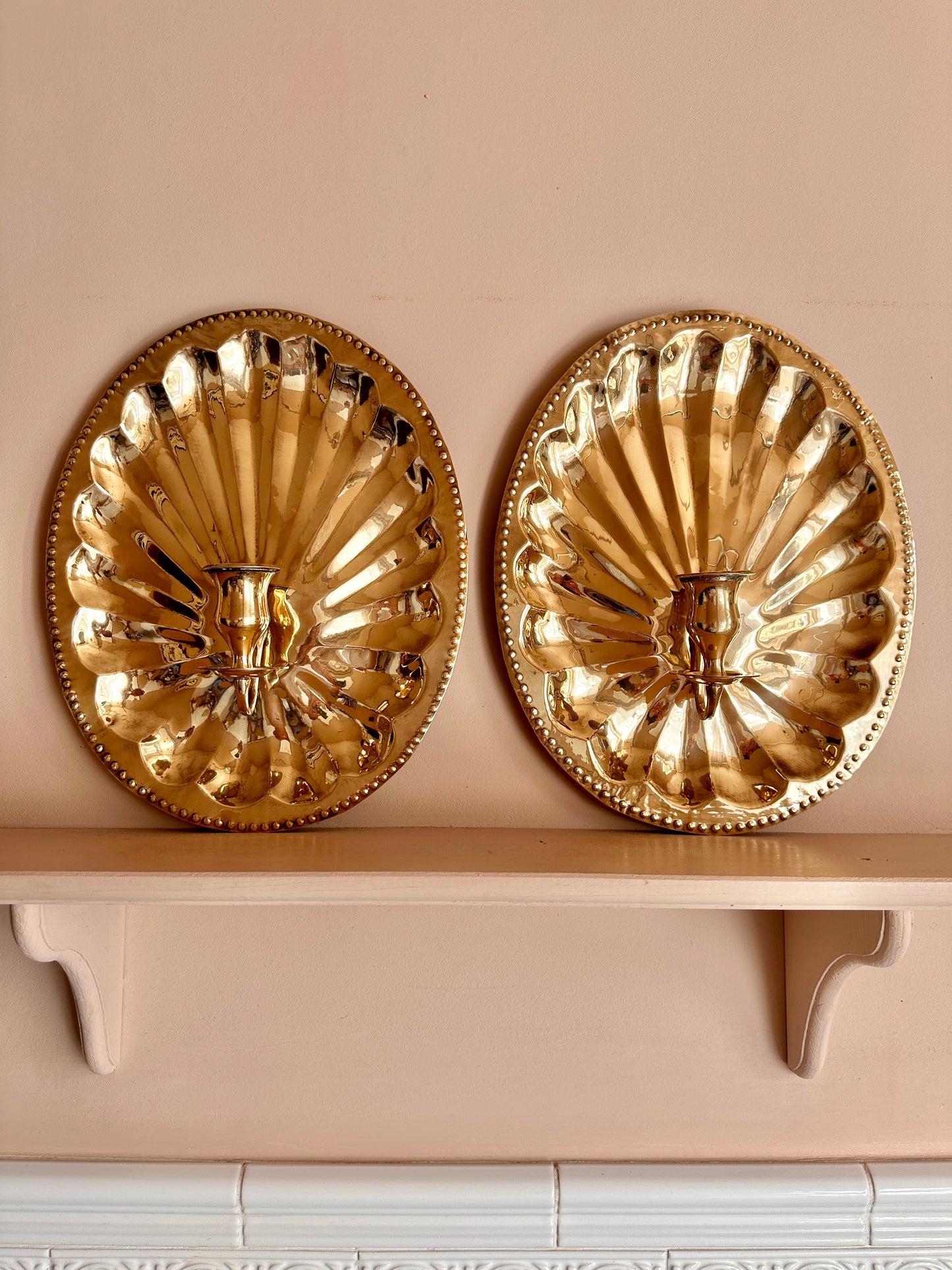 Pair of Large 1920s Brass Shell Candle Sconces