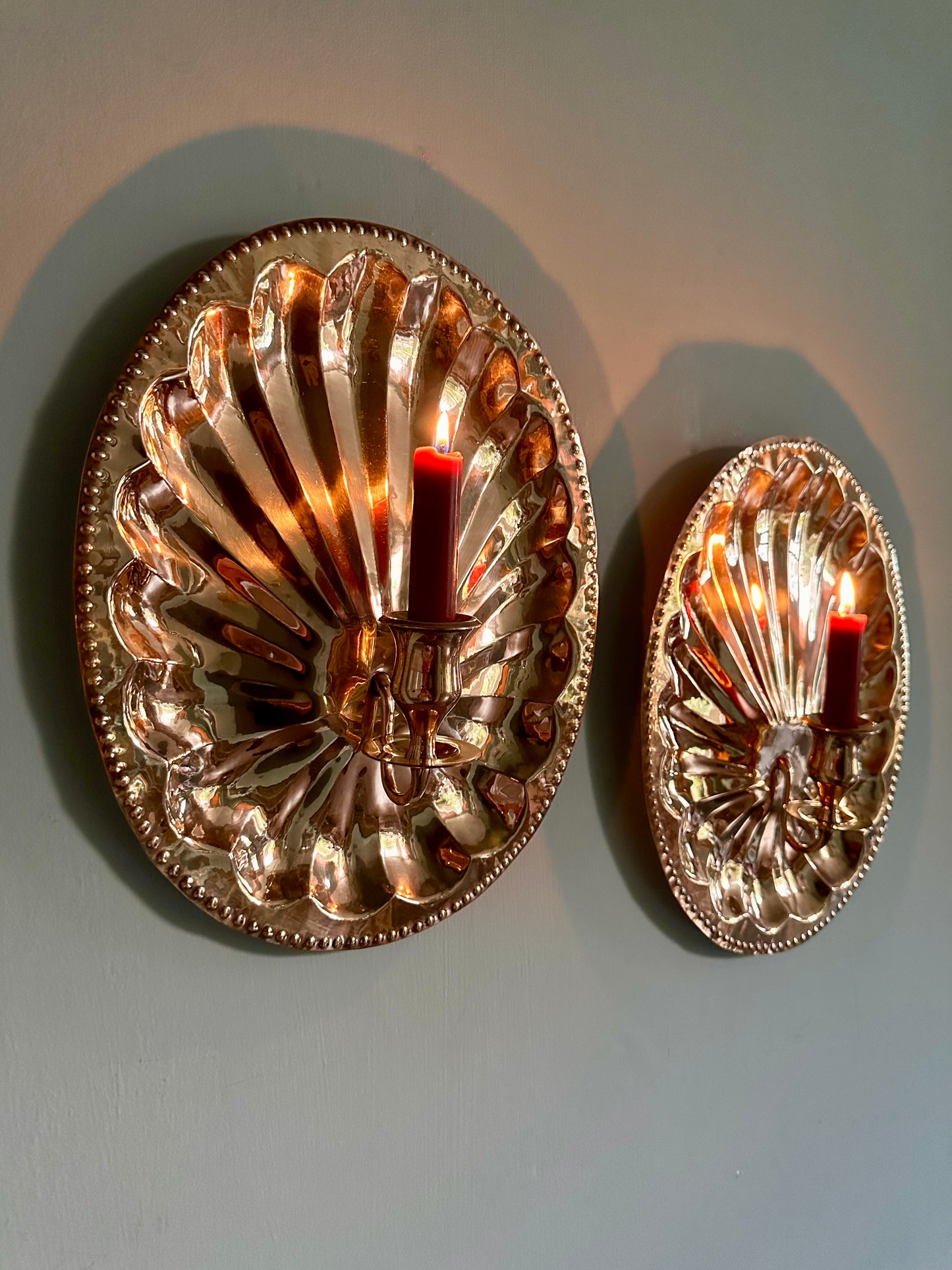 Pair of Large 1920s Brass Shell Candle Sconces