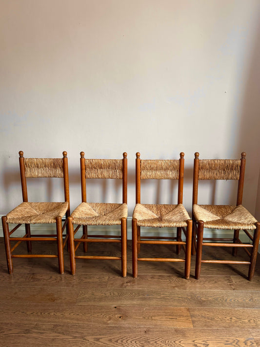 Set Of Four 1960s French Rush Seat And Back Dining Chairs