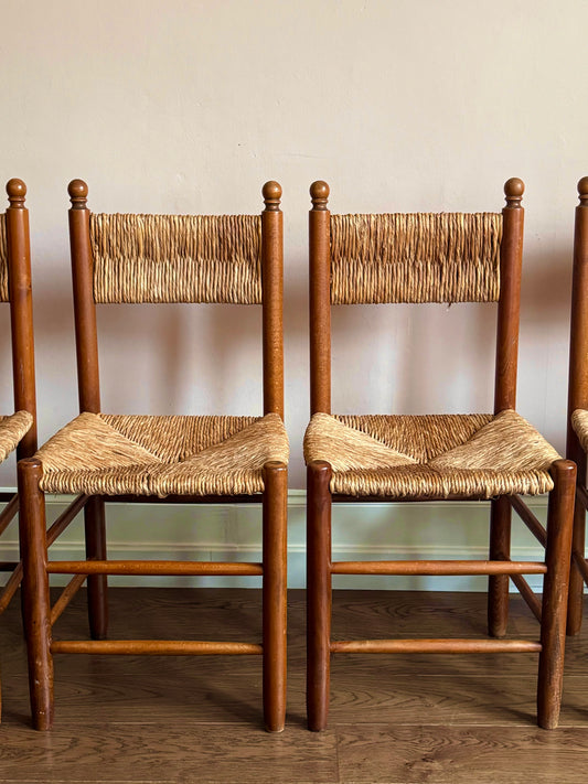 Set Of Four 1960s French Rush Seat And Back Dining Chairs