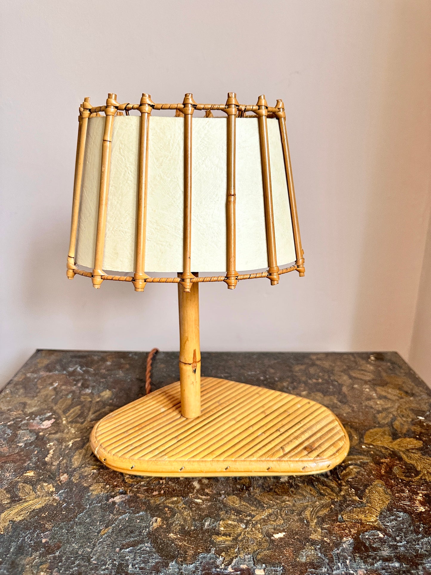 1960s Louis Sognot Bamboo and Rattan Table Lamp