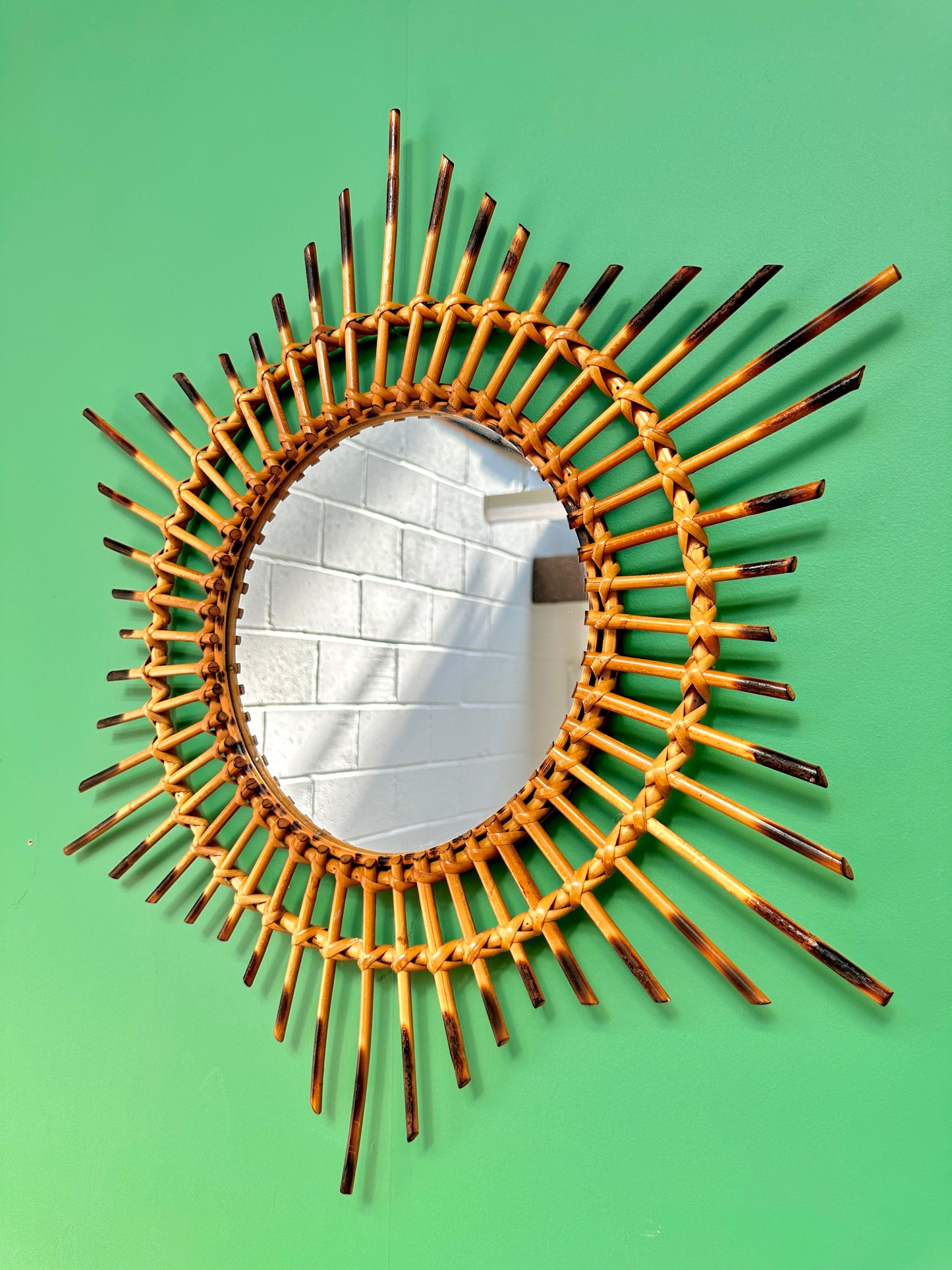 1960s French Bamboo & Rattan Sunburst Mirror