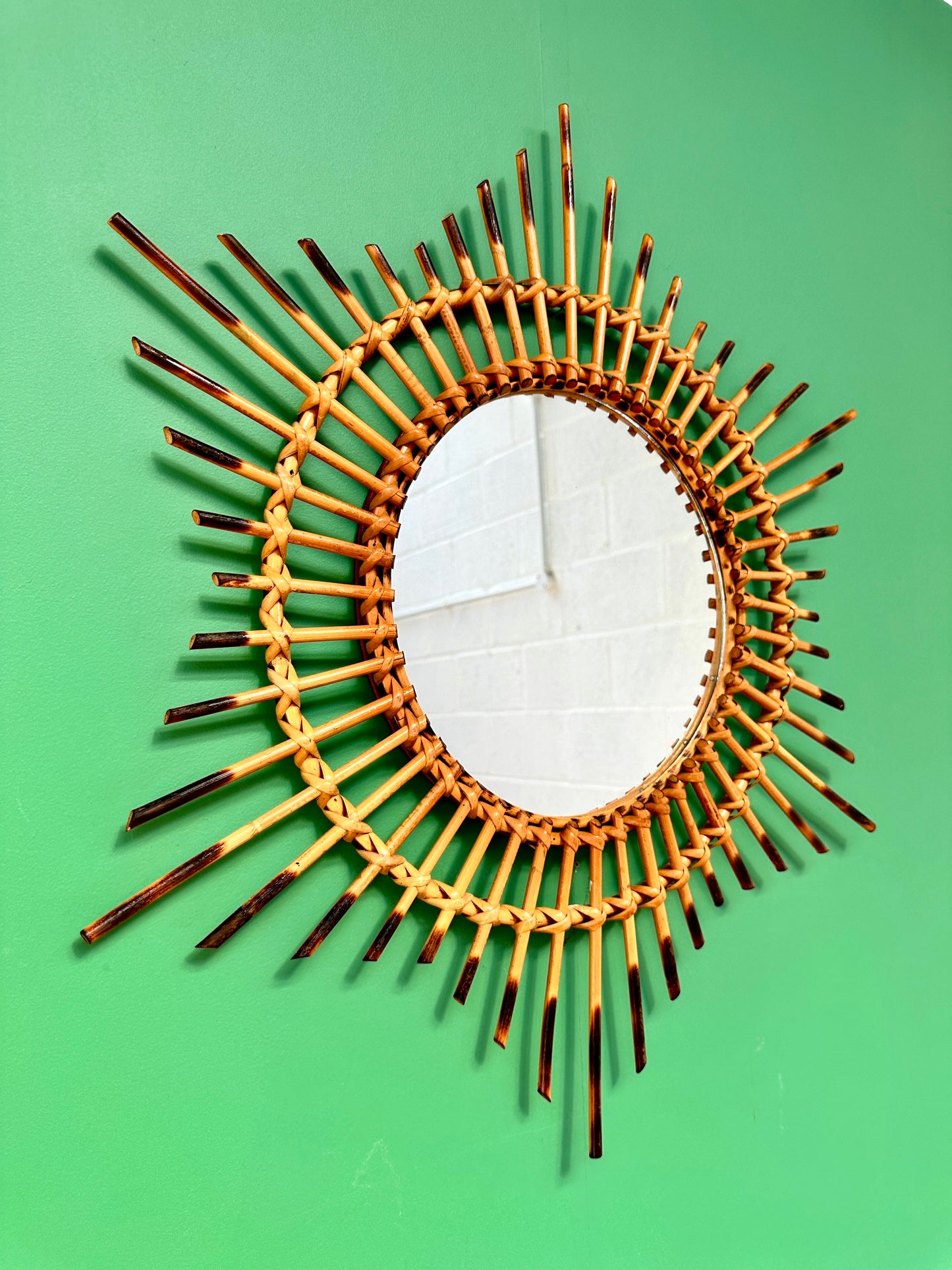 1960s French Bamboo & Rattan Sunburst Mirror