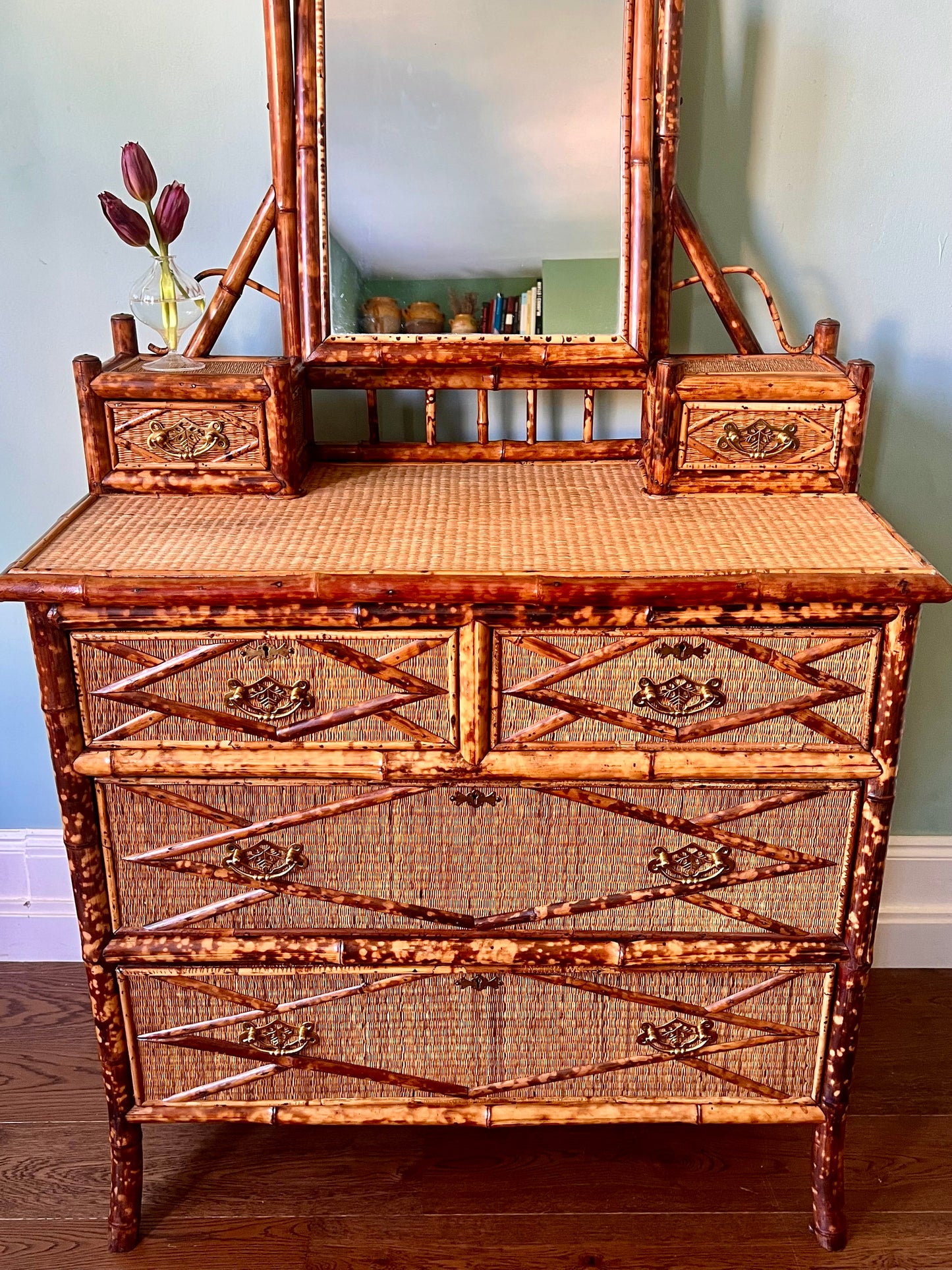 Large Victorian Tiger Bamboo And Woven Grass Chest Of Drawers & Mirror