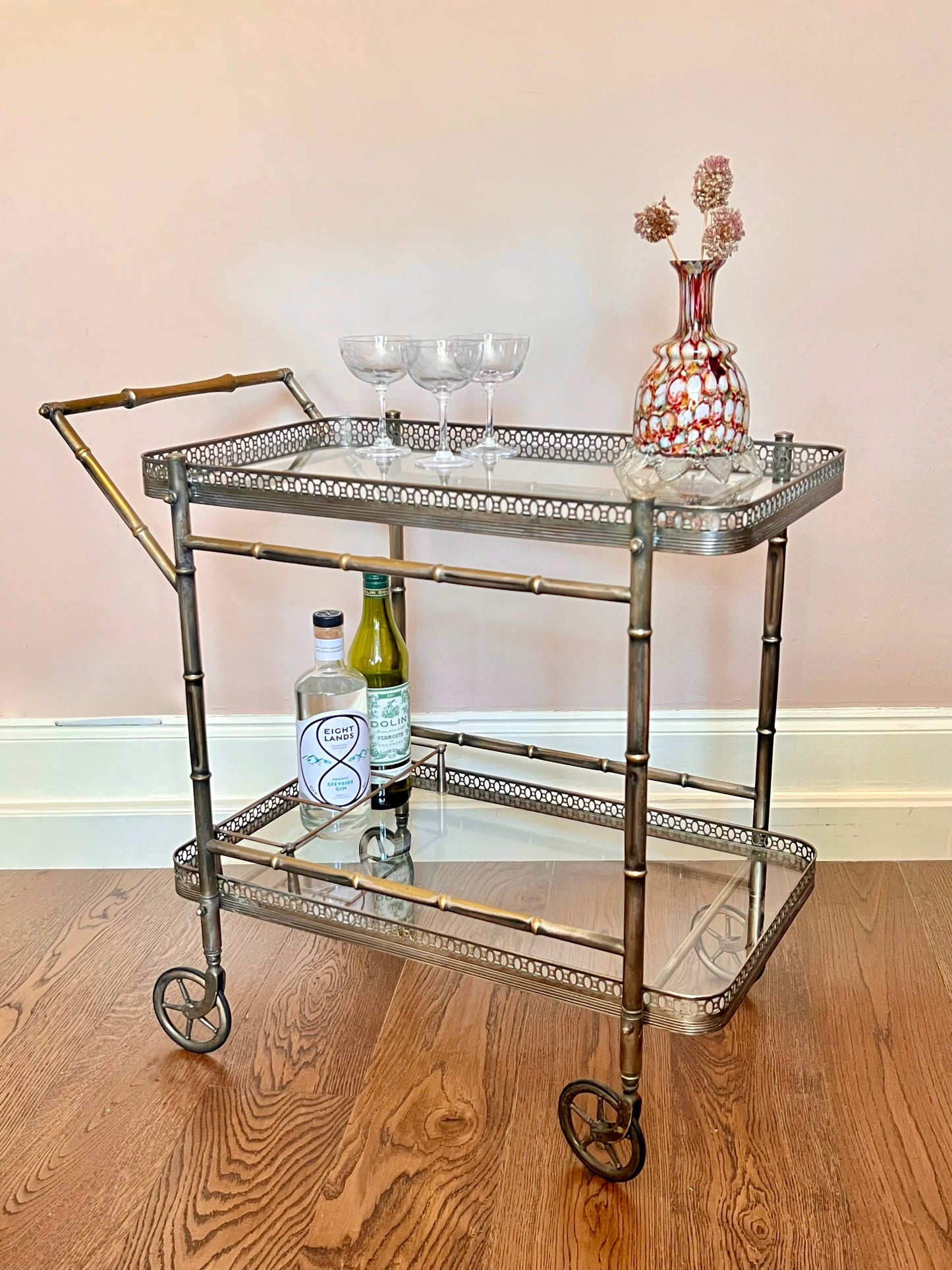 1950s French Faux Bamboo Nickel Plate & Brass Drinks Trolley
