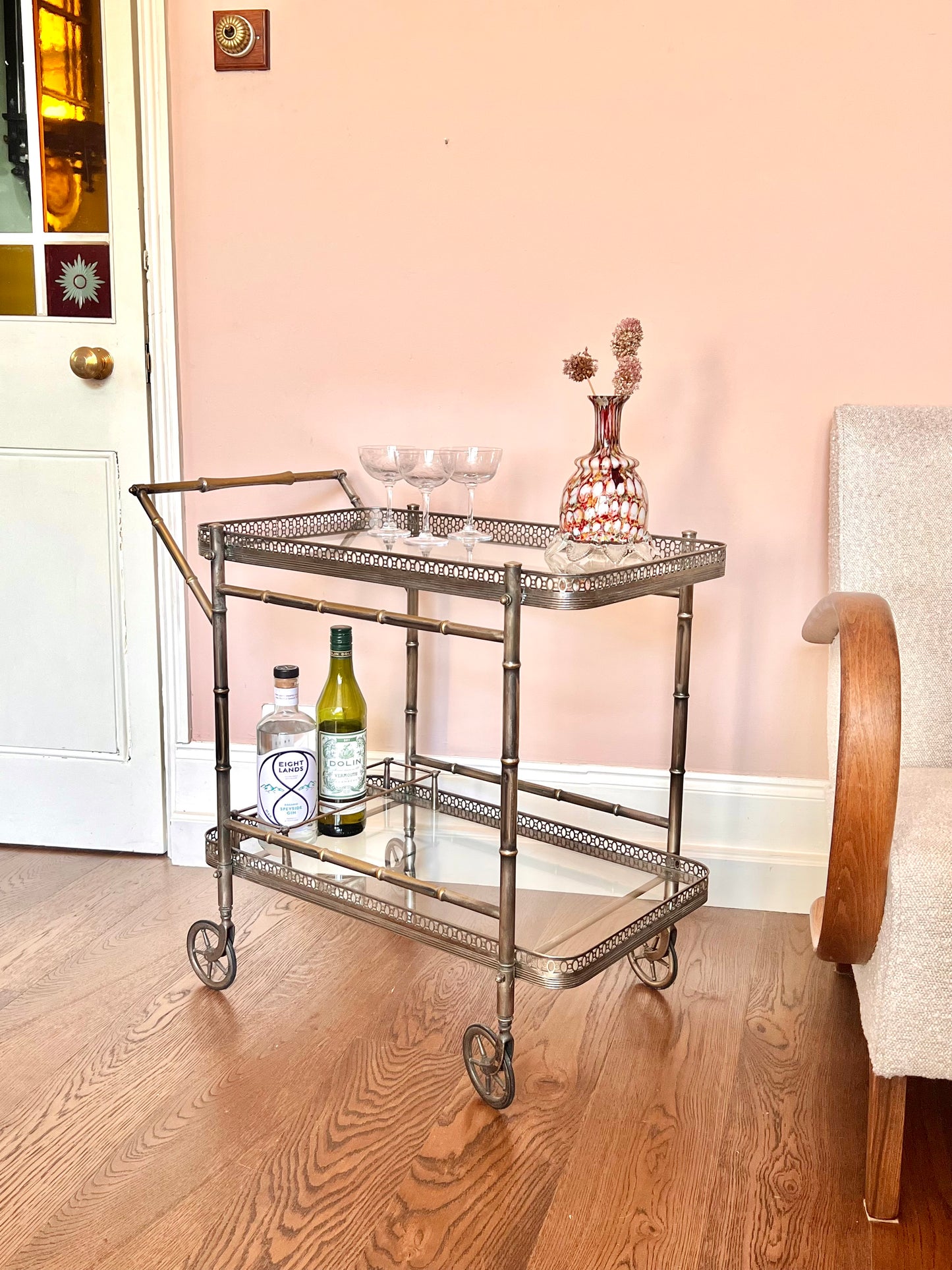 1950s French Faux Bamboo Nickel Plate & Brass Drinks Trolley