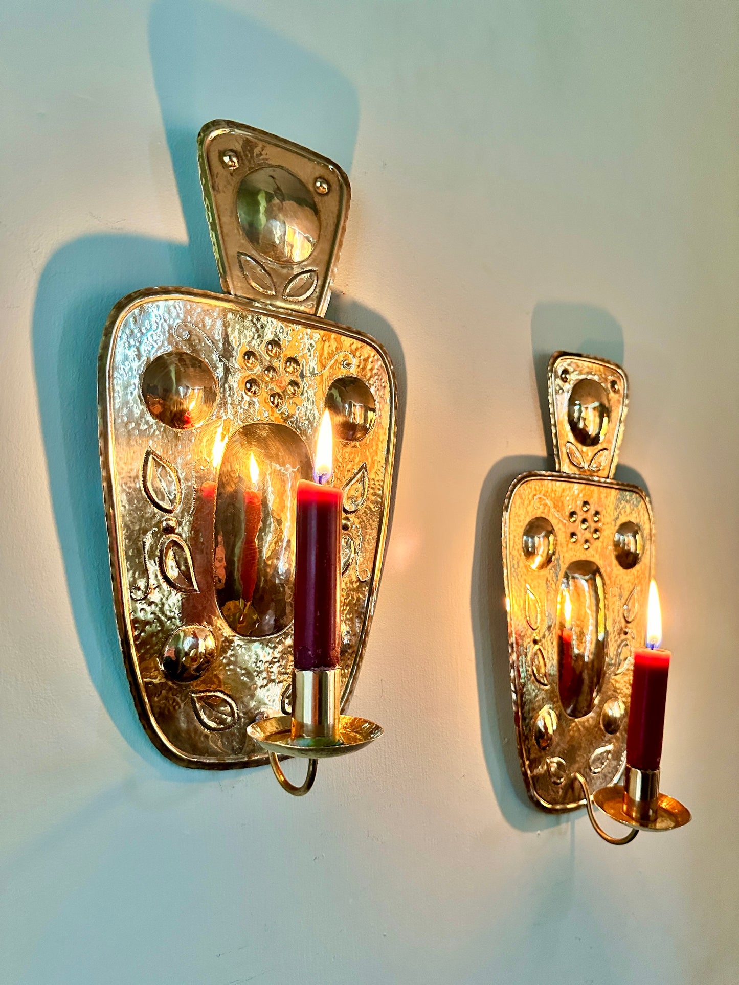 Pair of 1940s Swedish Hammered Brass Wall Plates