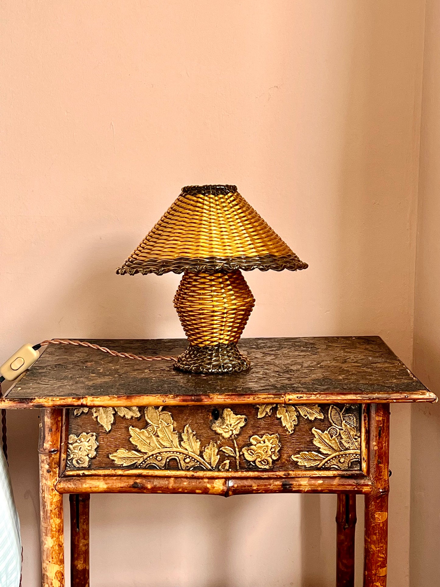 1960s French Woven Scoubidou Table Lamp