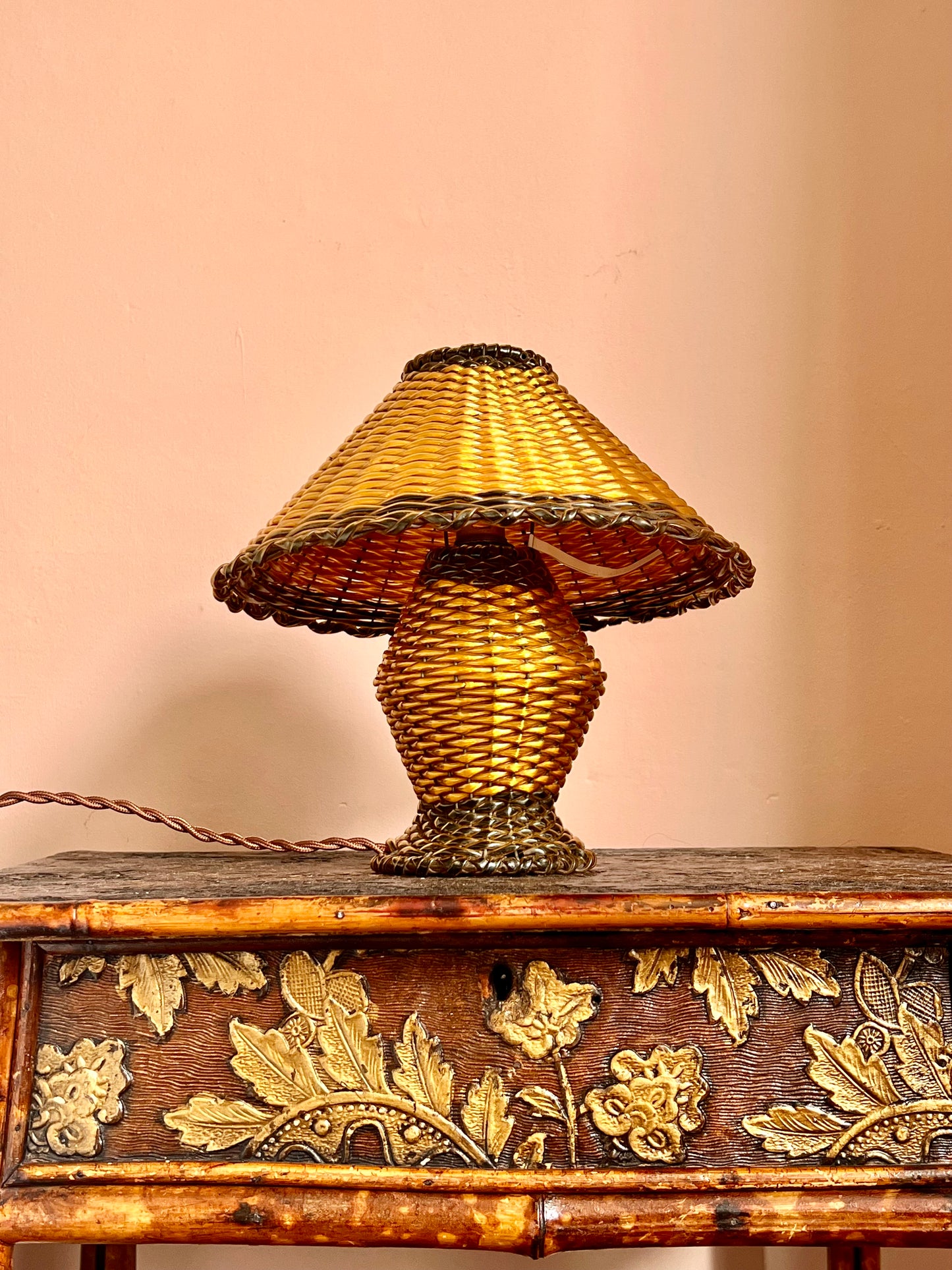 1960s French Woven Scoubidou Table Lamp