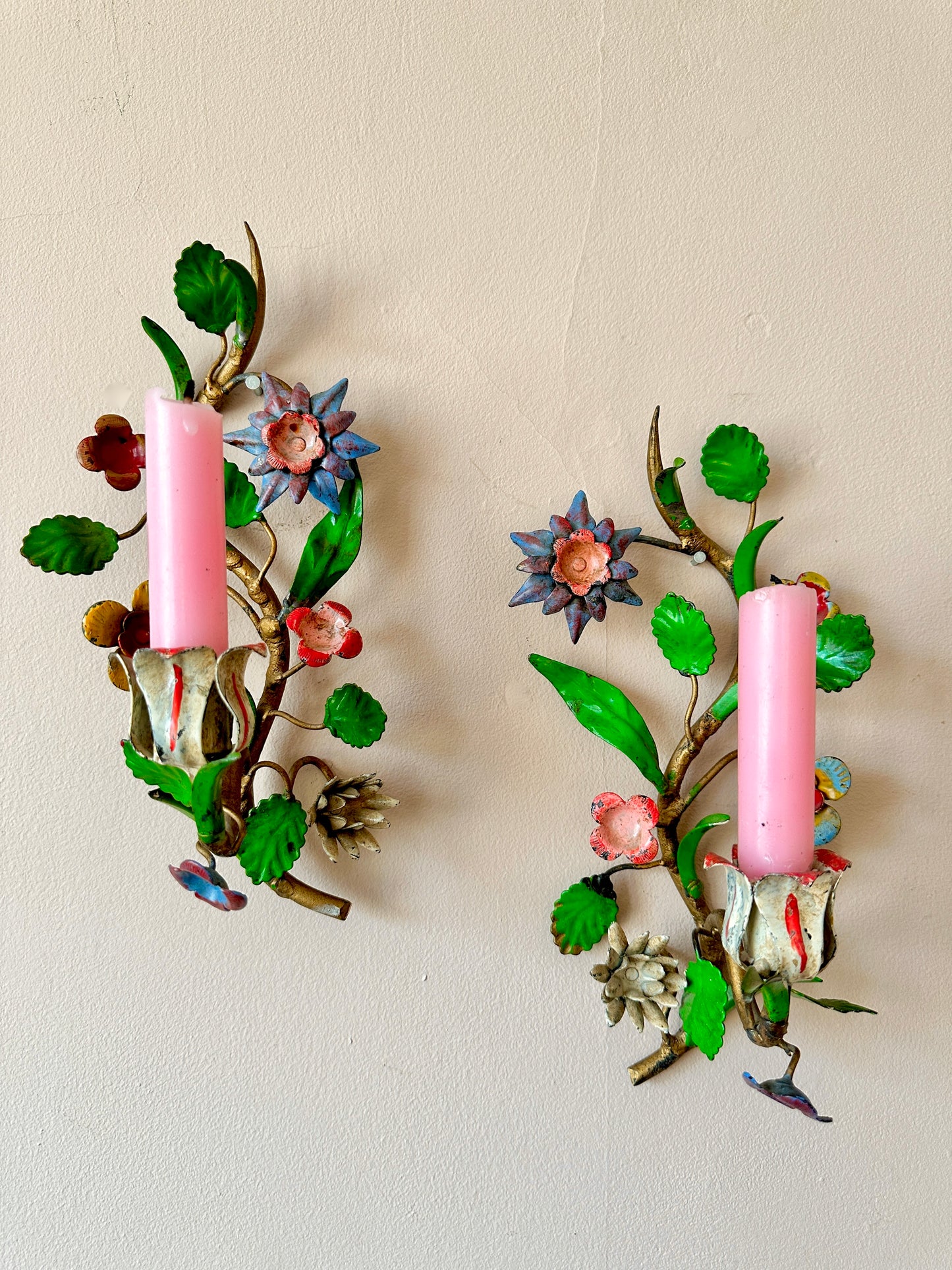 Pair of 1940s Italian Tole Flower Candle Sconces