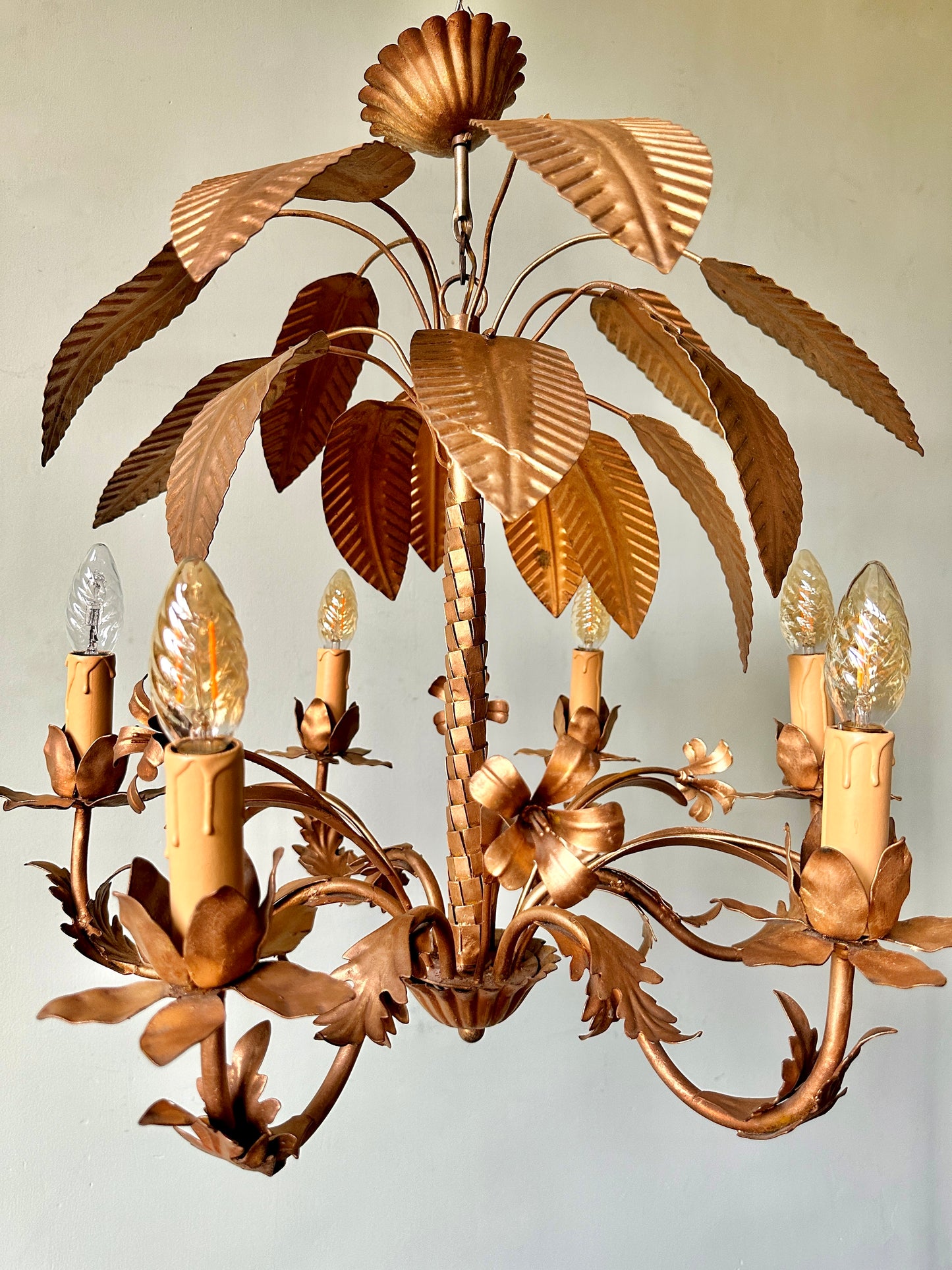 1960s French Palm Tole Chandelier