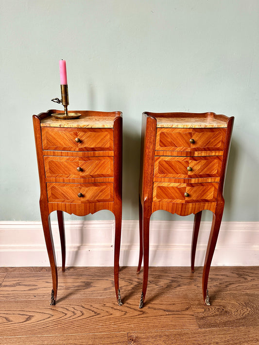 Pair Of Early C20th French Kingwood Veneer, Mahogany & Marble Bedside Tables