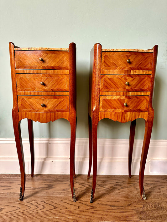 Pair Of Early C20th French Kingwood Veneer, Mahogany & Marble Bedside Tables