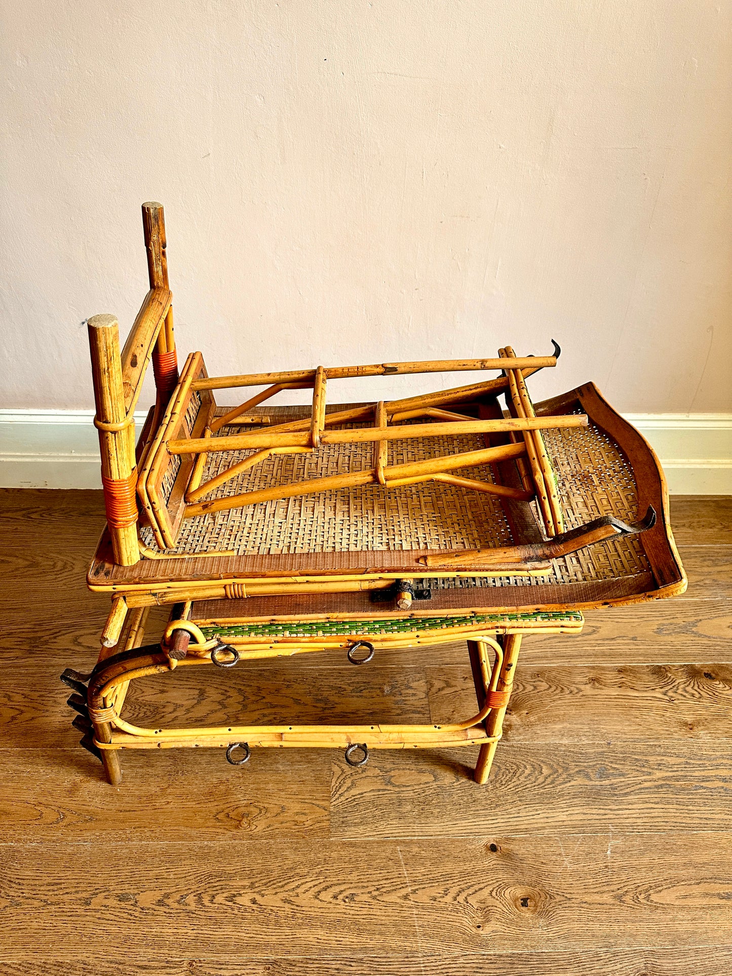 Early C20th French Bamboo & Rattan Chaise Longue.