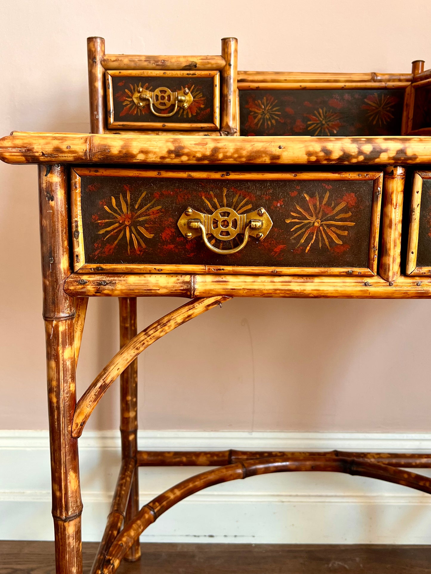 Victorian Lacquered Tiger Bamboo Writing Desk or Dressing Table