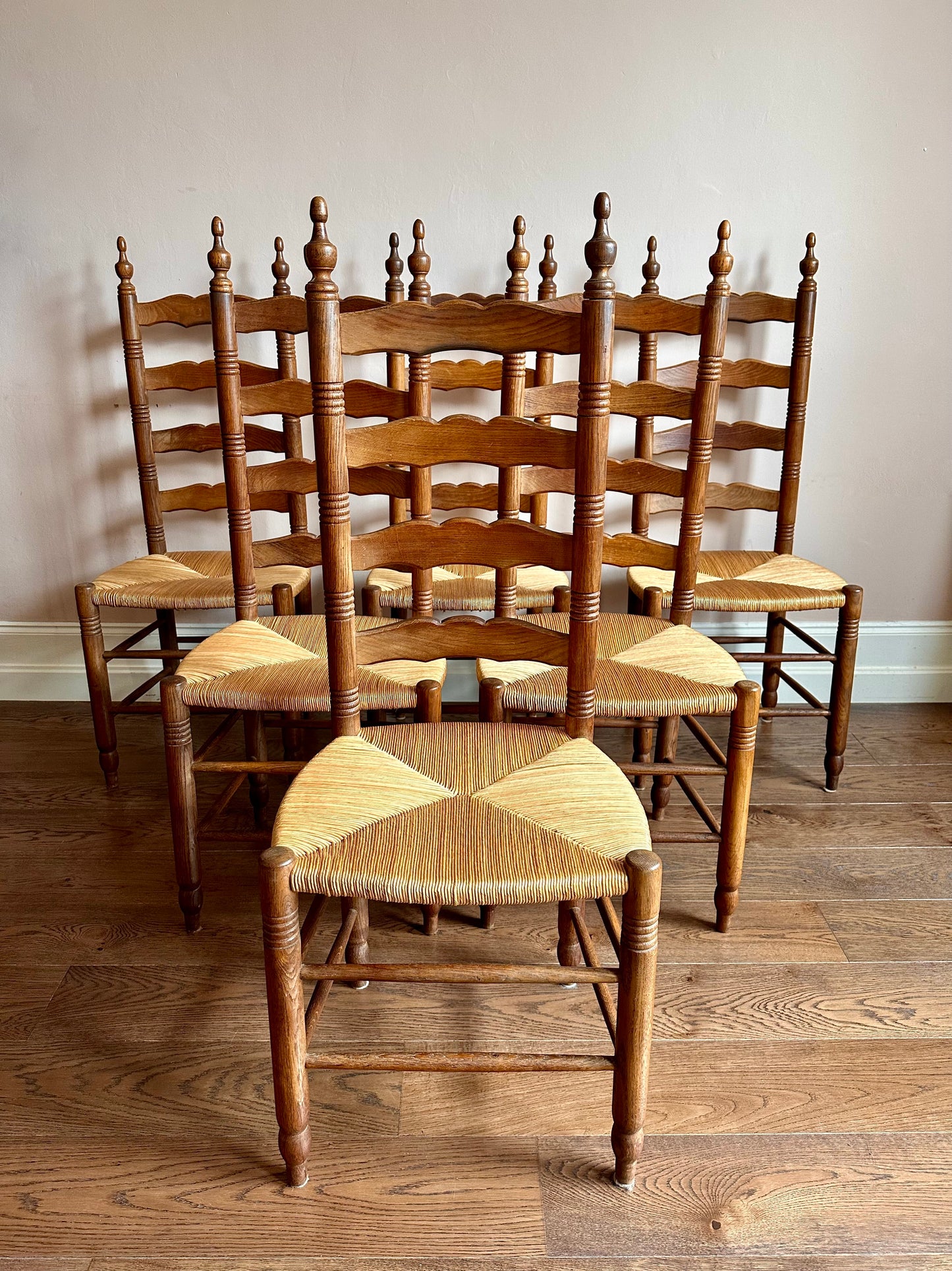 Set of Six 1950s French Rush Seat Dining Chairs
