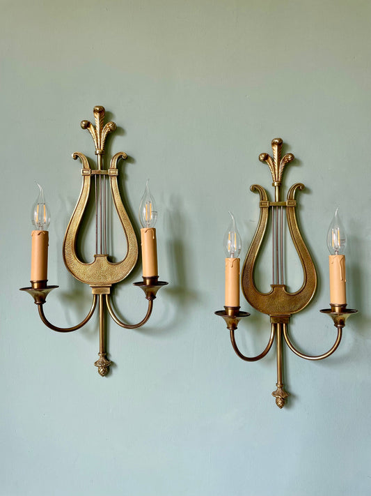 1950s Maison Charles (Stamped & Numbered) Brass Lyre Wall Lights