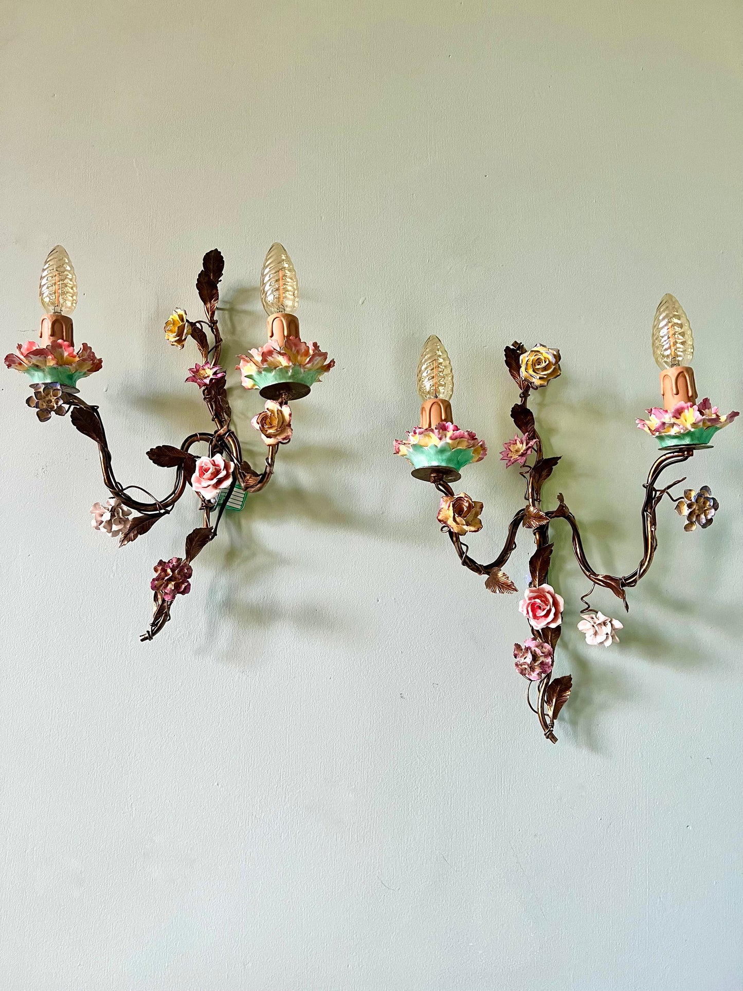 Late C19th French Gilt Tole & Porcelain Wall Lights