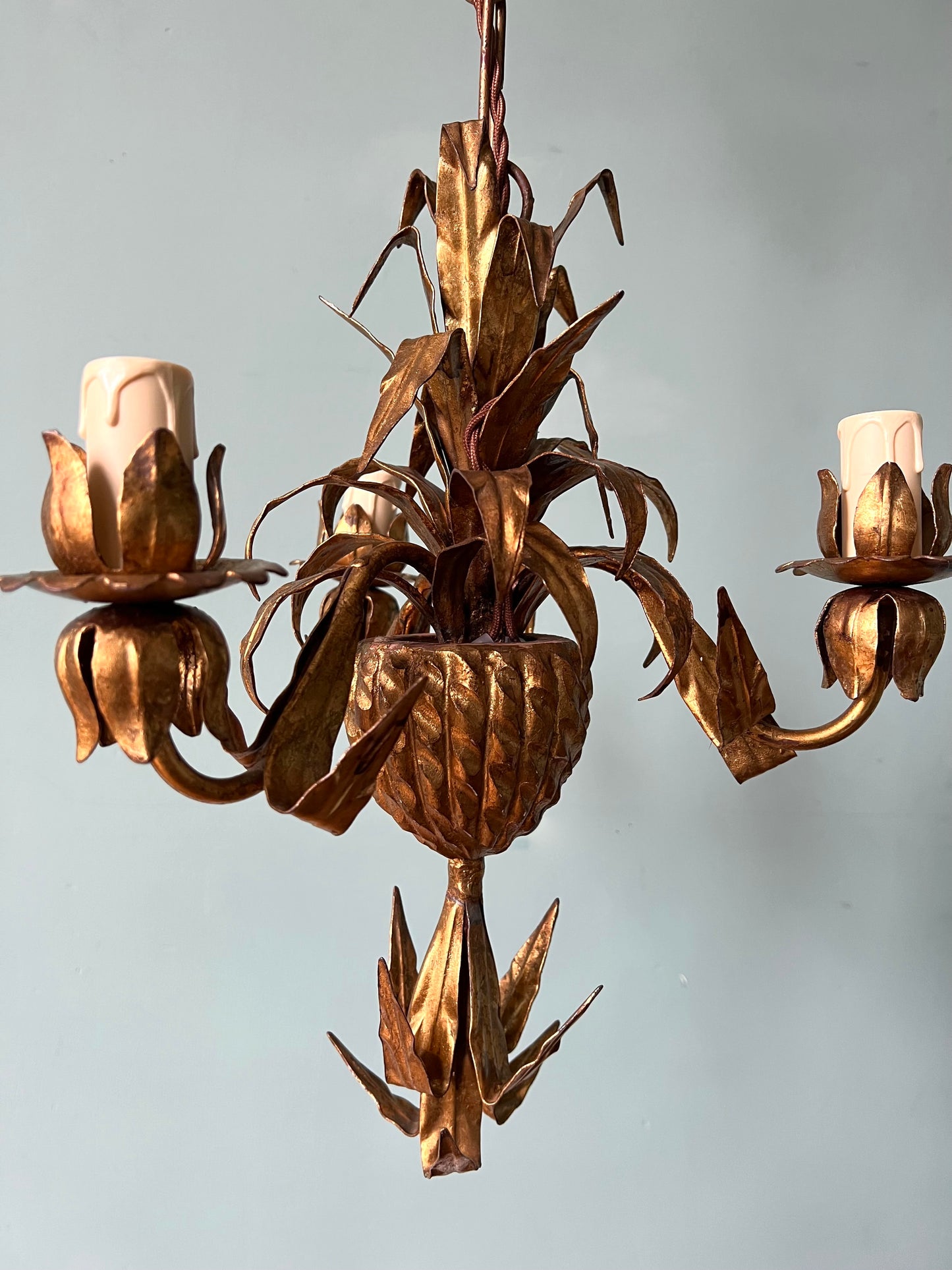 1940s French Gilt Pineapple Tole Chandelier