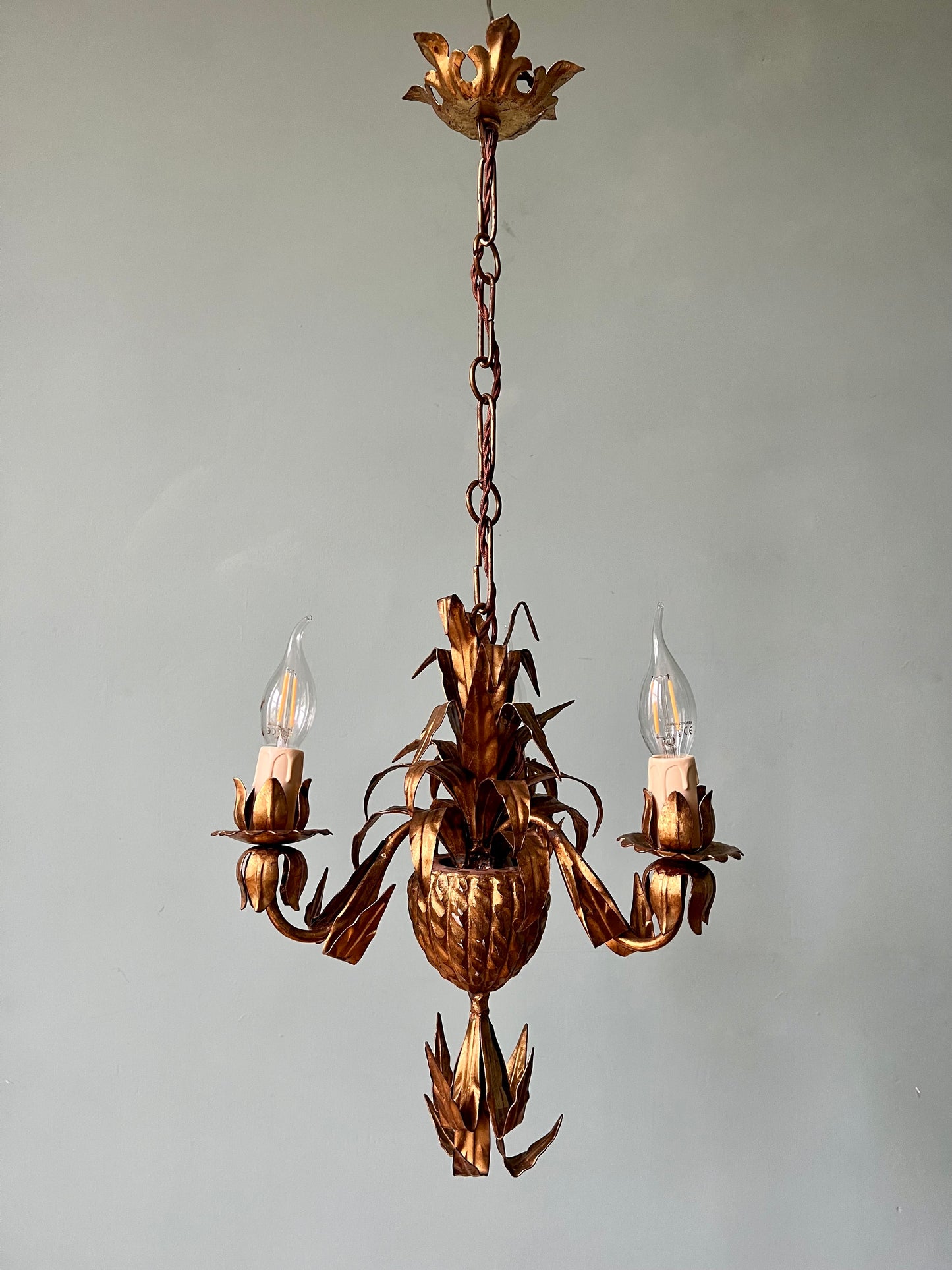 1940s French Gilt Pineapple Tole Chandelier