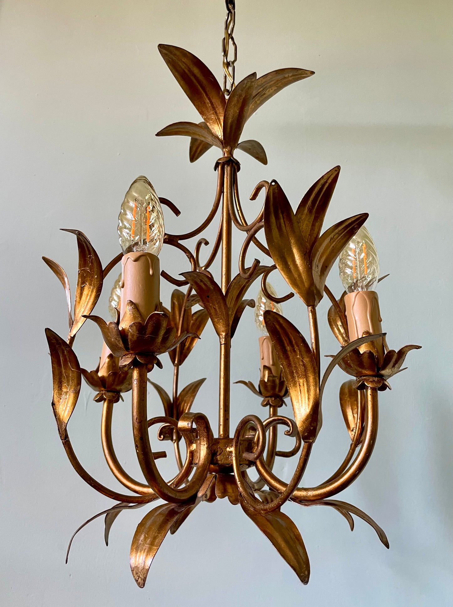 1940s French Gilt Leaf Tole Chandelier