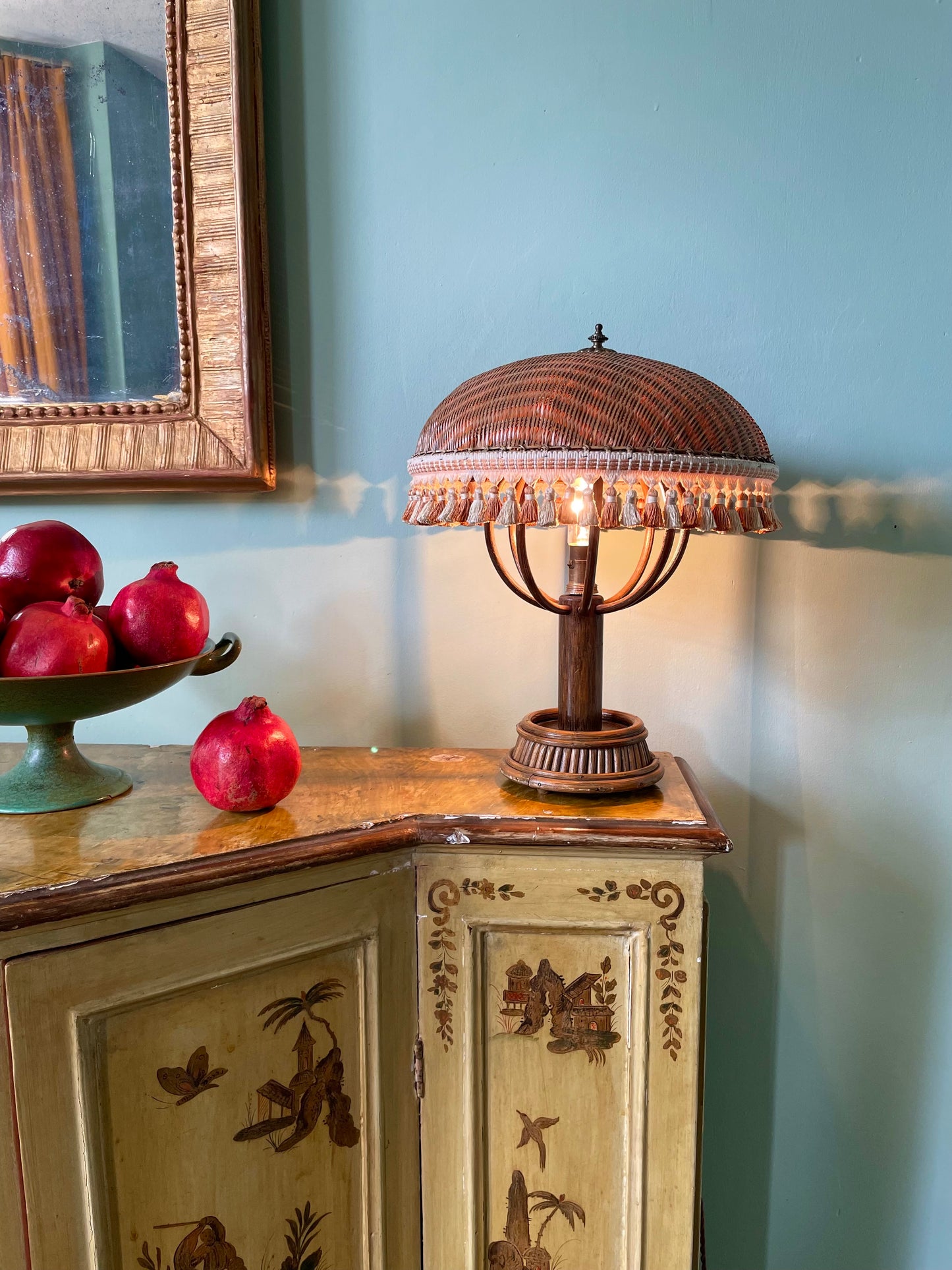1920s French Rattan & Wood Table Lamp