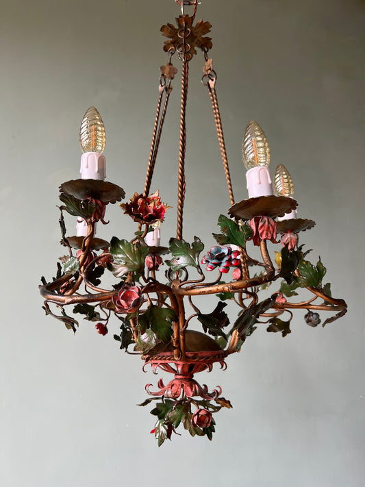 1930s French Flower & Leaf Tole Chandelier