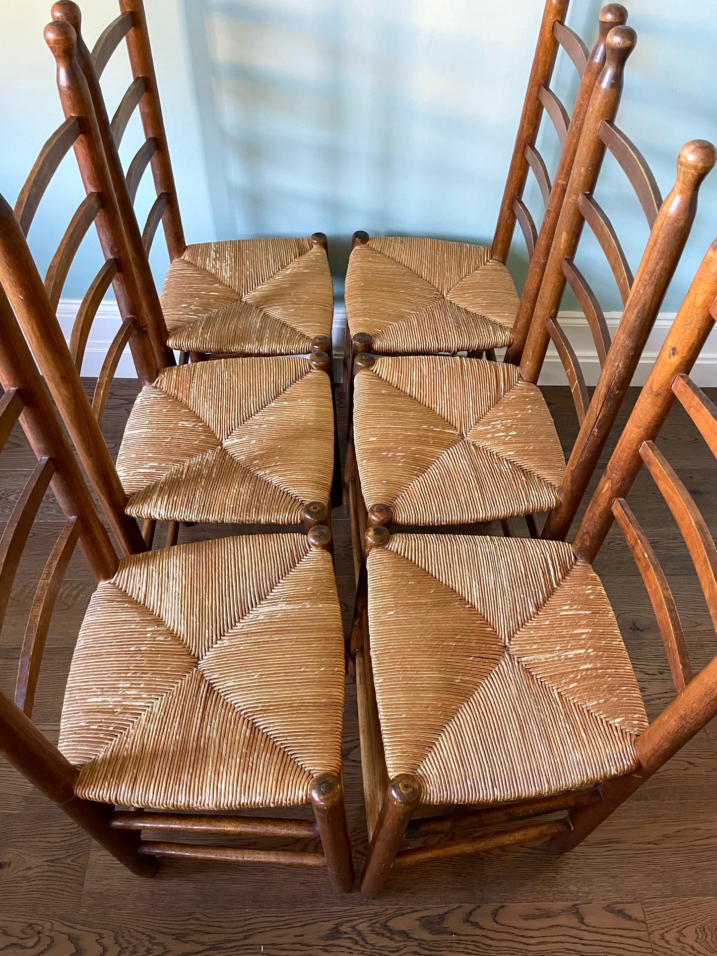 Six 1940s French Farmhouse Rush Seat Dining Chairs