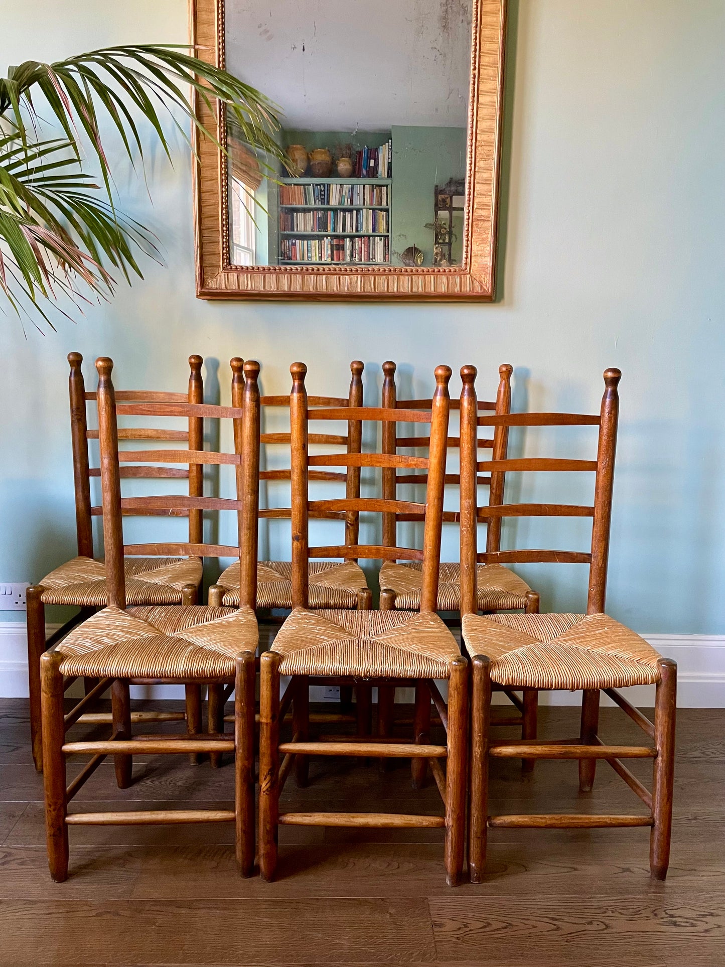 Six 1940s French Farmhouse Rush Seat Dining Chairs