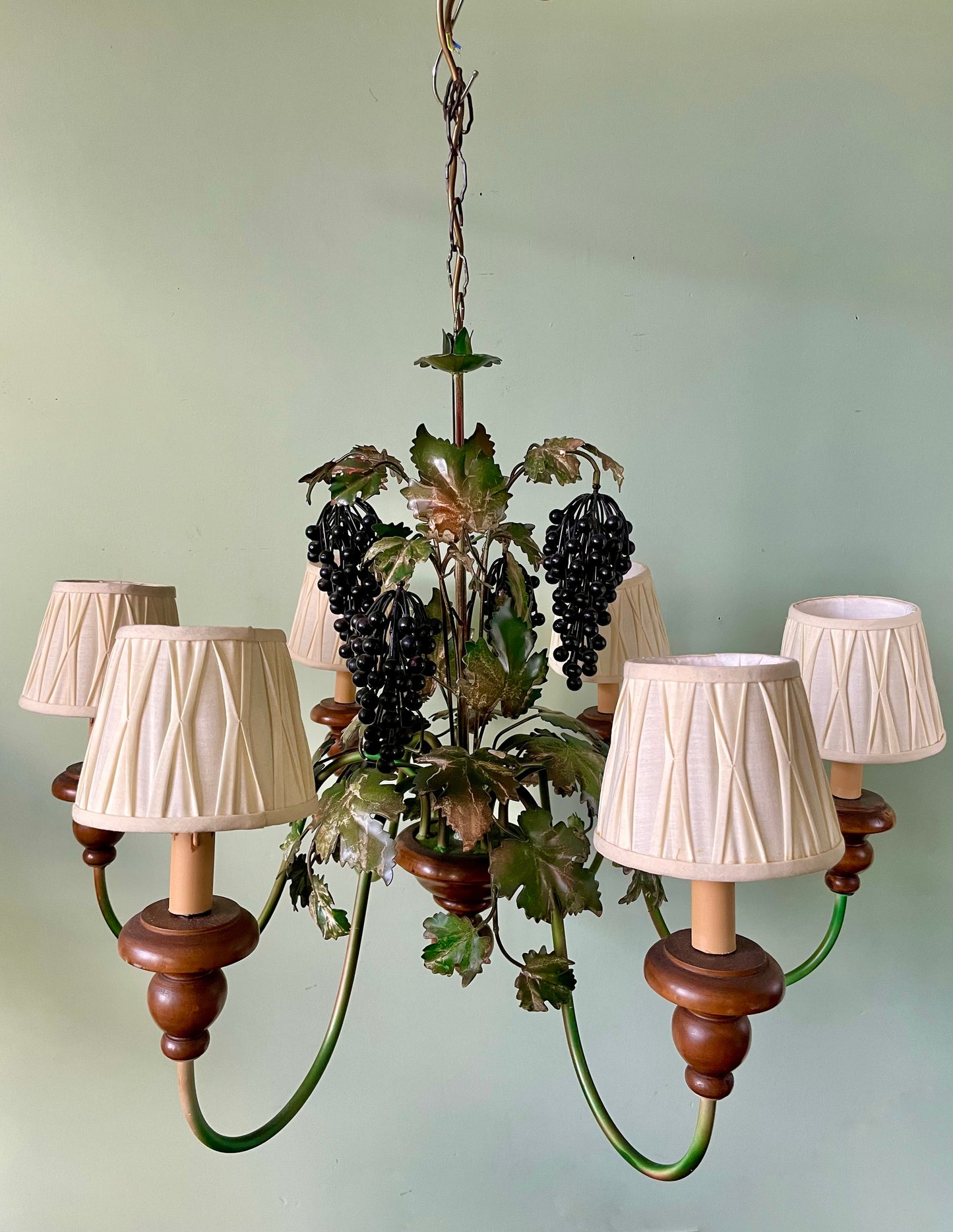 Large 1960s French Grape Tole & Cherry Wood Chandelier