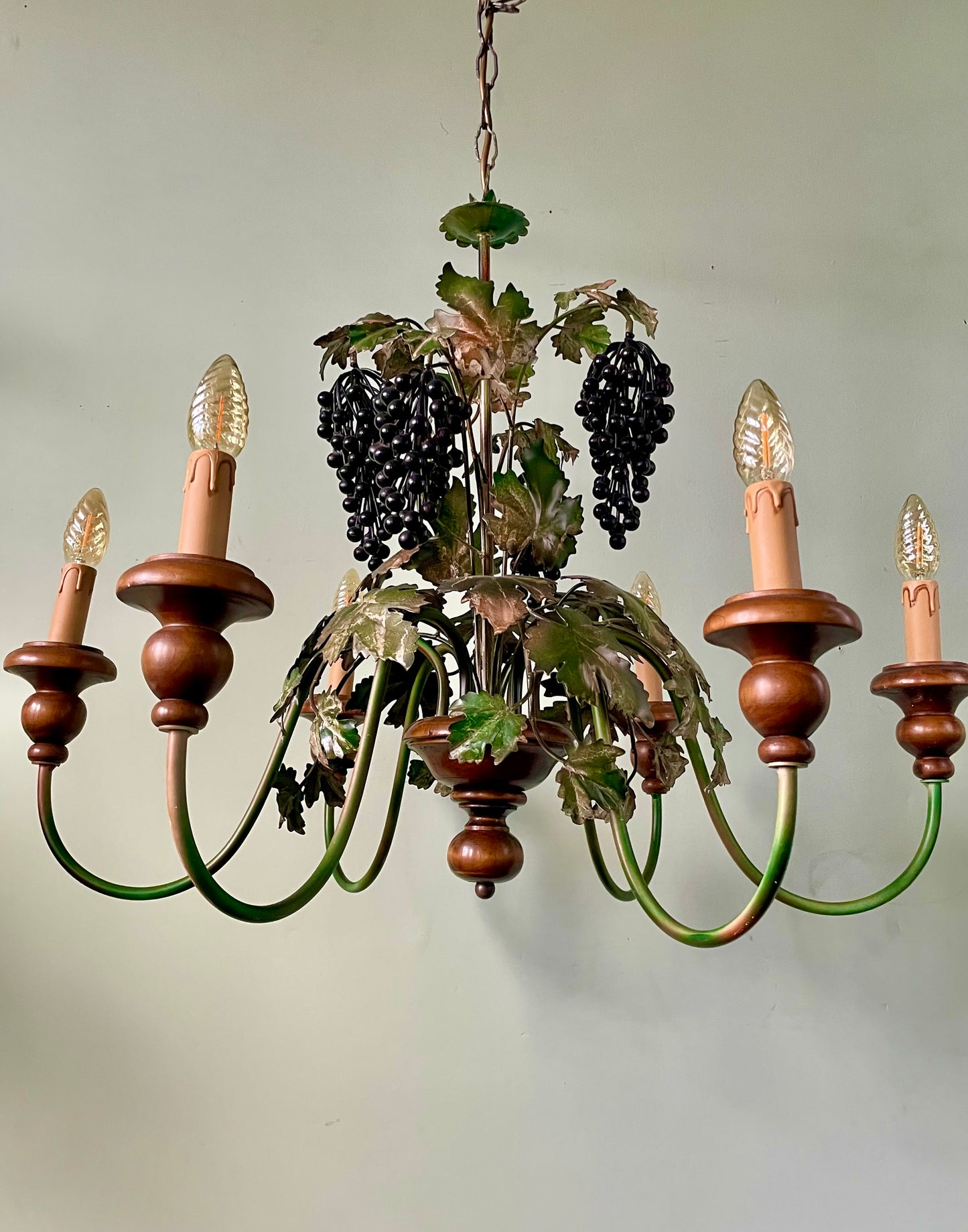 Large 1960s French Grape Tole & Cherry Wood Chandelier