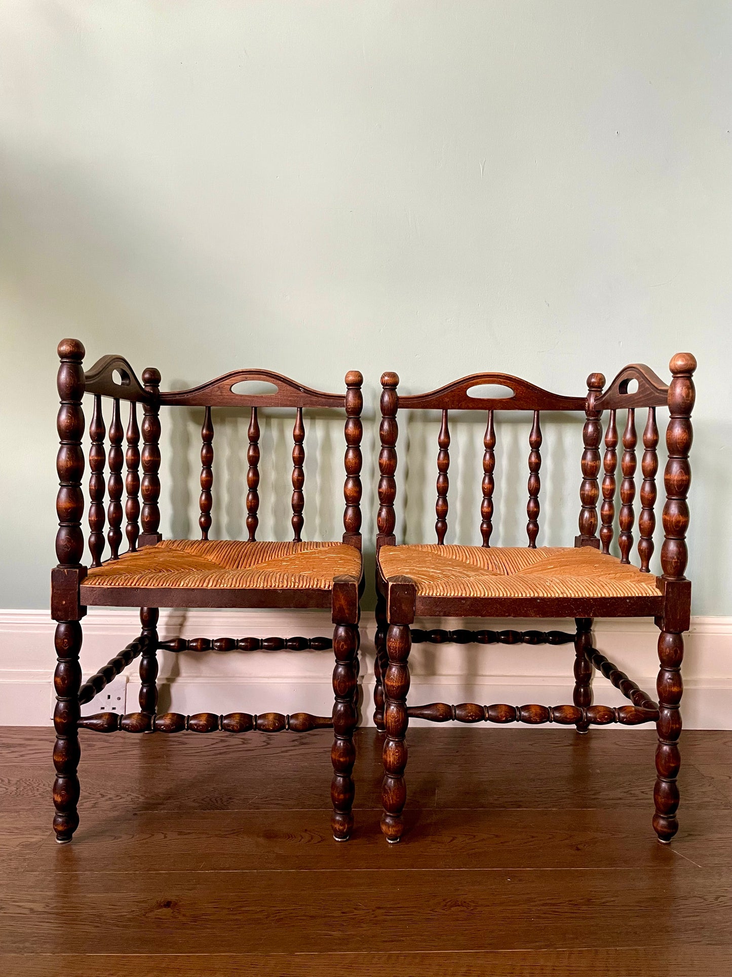 Pair of Early C20th French Turned Wood Corner Chairs
